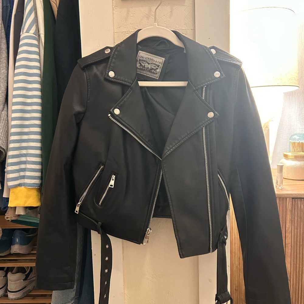 BELTED FAUX LEATHER MOTO JACKET